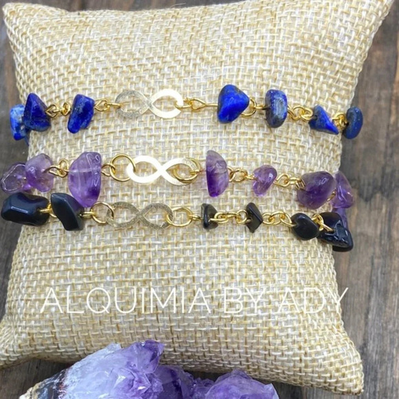 Amethyst Obsidian Lapis lazuli Rosary link tennis bracelet for stacking - Picture 1 of 8